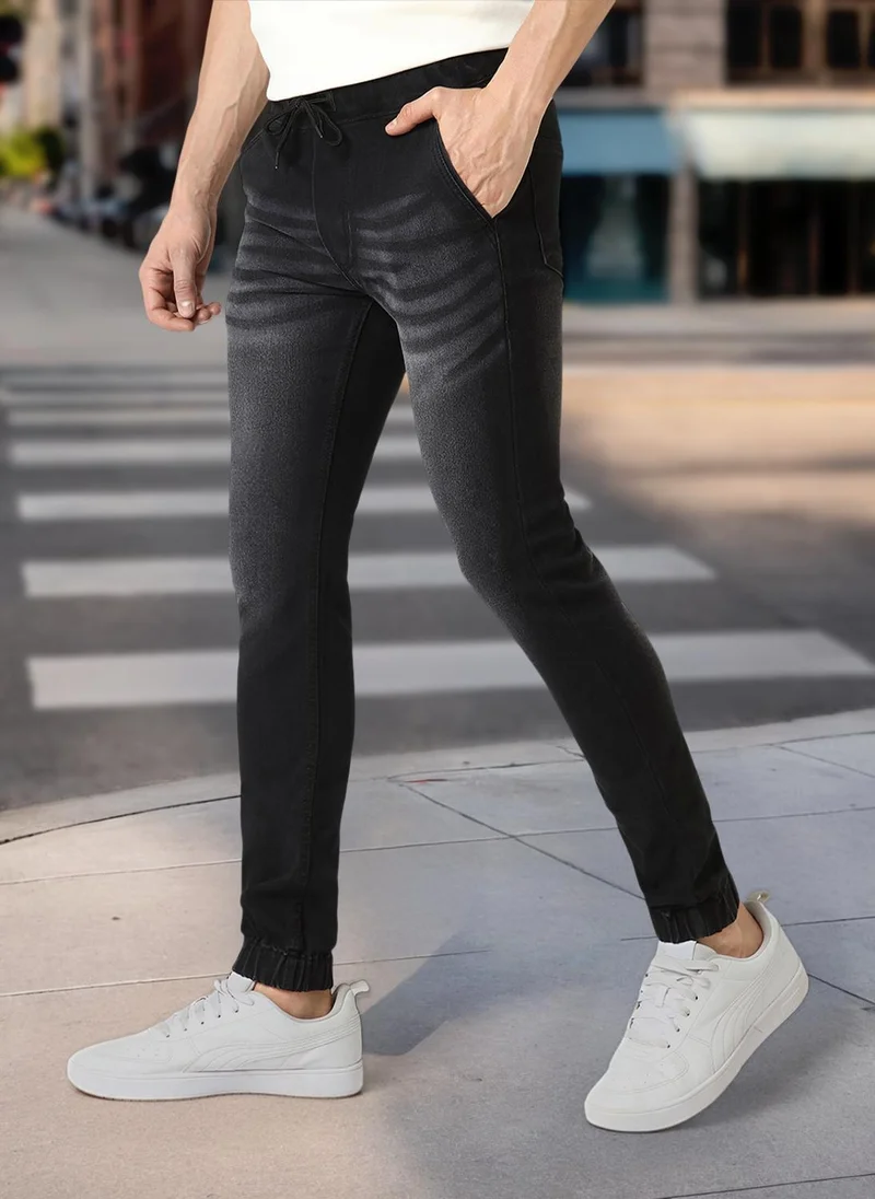 Urbano Fashion Men's Black Slim Fit Washed Jogger Jeans Stretchable